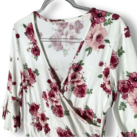 Pinc Floral Wrap Top Sz XL V Neck Long Sleeve Ruffle Peony Y2K 90's Stretch - Picture 6 of 14